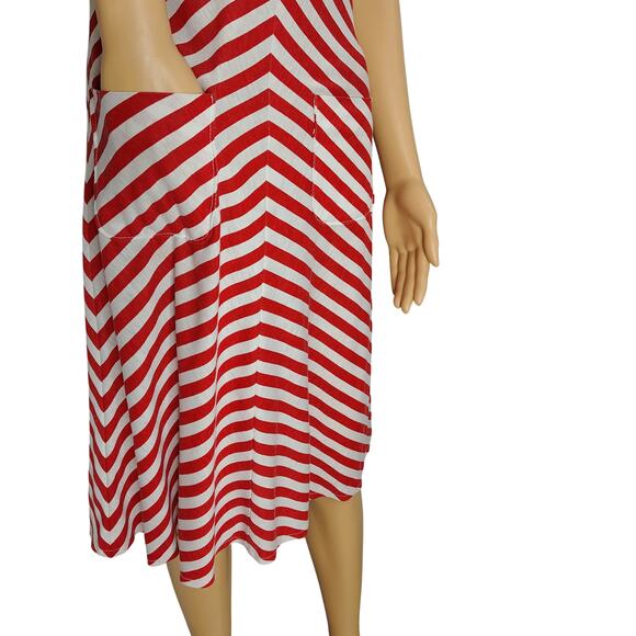 1970s Red White Bodycon Striped Fit Flare Sleeveless V Neck Dress Size Small - Picture 5 of 7